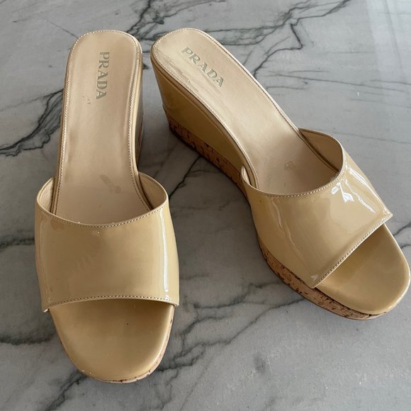Prada Nude Vintage Slip On Patent Leather and Cork Wedge Sandals - GREAT COND. - Picture 10 of 12